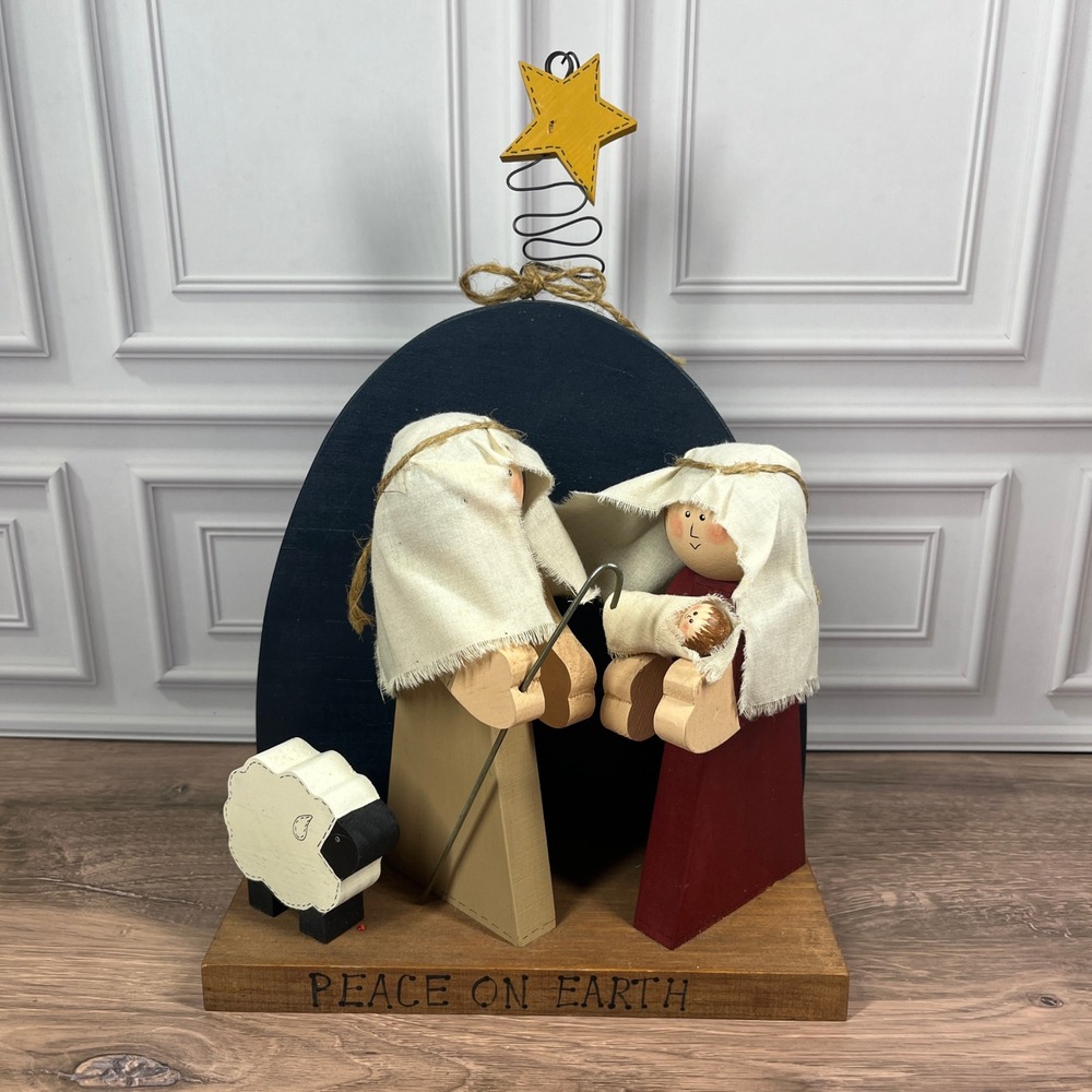 Handcrafted Wooden 12 in Nativity Scene Christmas Decor Peace On Earth Folk Art